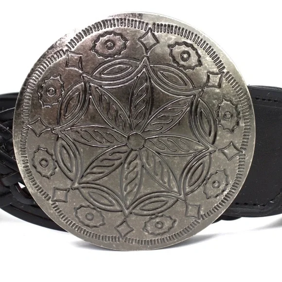 New York & Co Braided Brown Leather Belt Silver Medallion Buckle - Picture 2 of 14